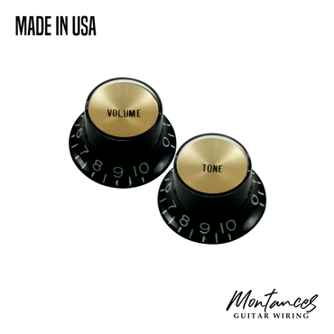 Top Hat Knob, Black with Gold Cap, Gibson Style, Push-On made in USA, 24 splines, Sold Per Piece