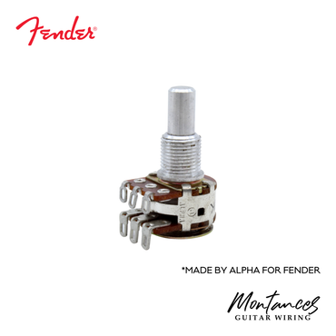 Fender® Dual gang Potentiometer, 250kΩ, Pan, MN Taper, Solid Shaft (made by Alpha for Fender)