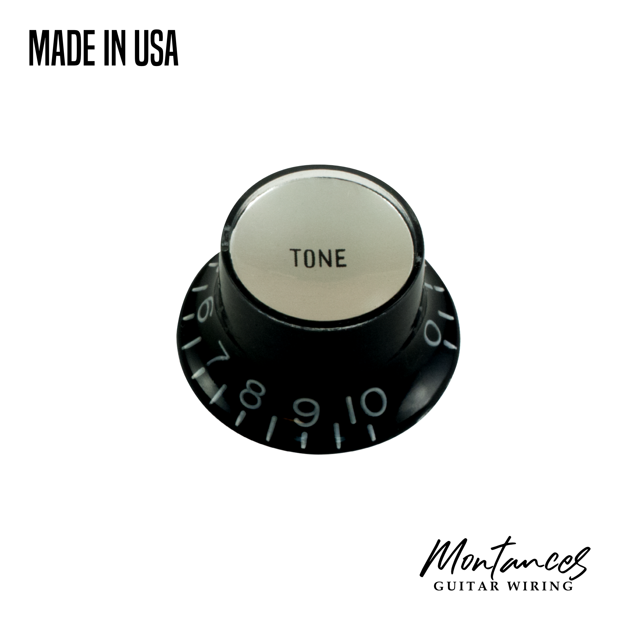Top Hat Knob, Black with Silver Cap, Gibson Style, Push-On made in USA, 24 splines, Sold Per Piece