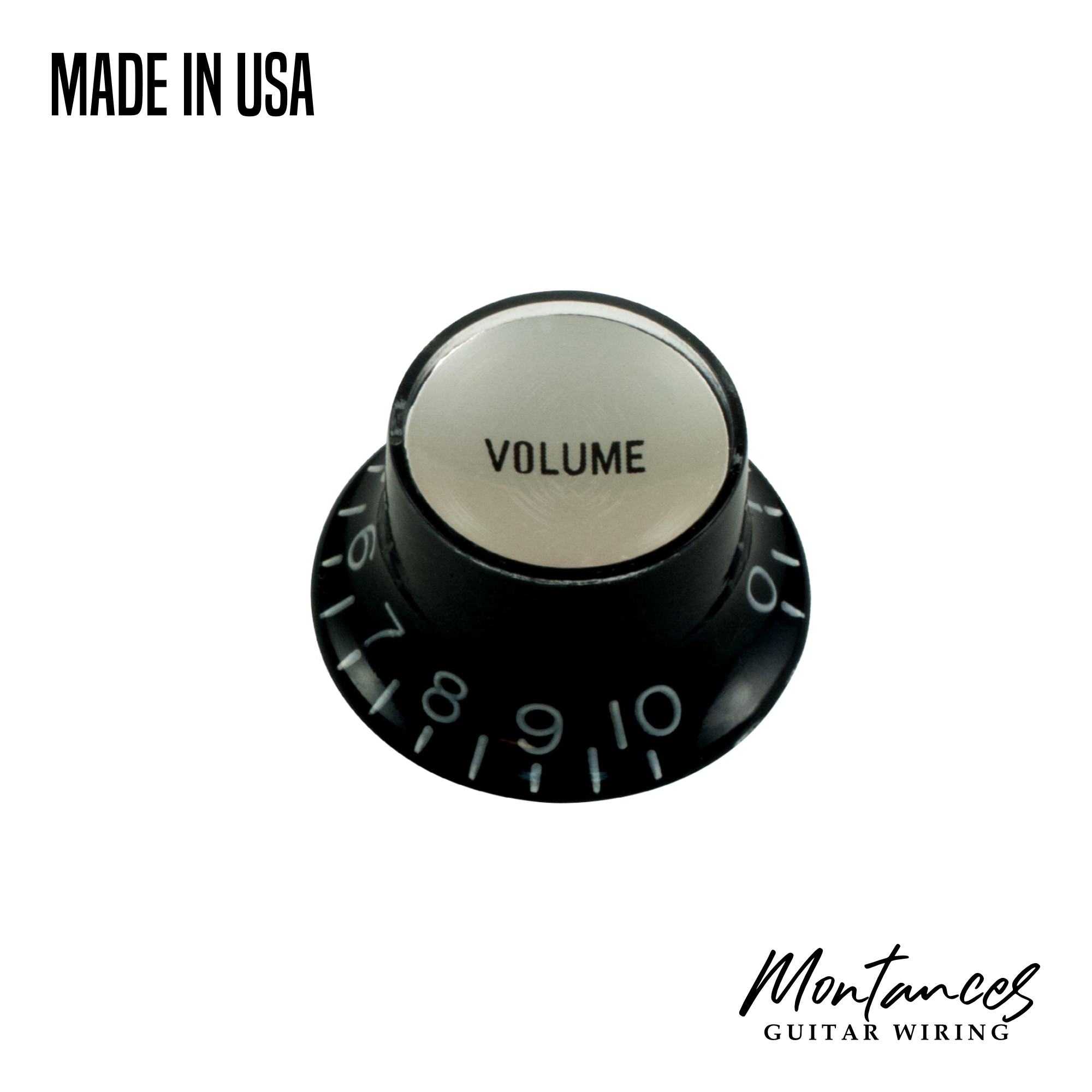 Top Hat Knob, Black with Silver Cap, Gibson Style, Push-On made in USA, 24 splines, Sold Per Piece