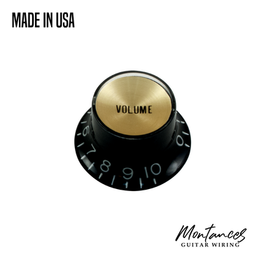 Top Hat Knob, Black with Gold Cap, Gibson Style, Push-On made in USA, 24 splines, Sold Per Piece