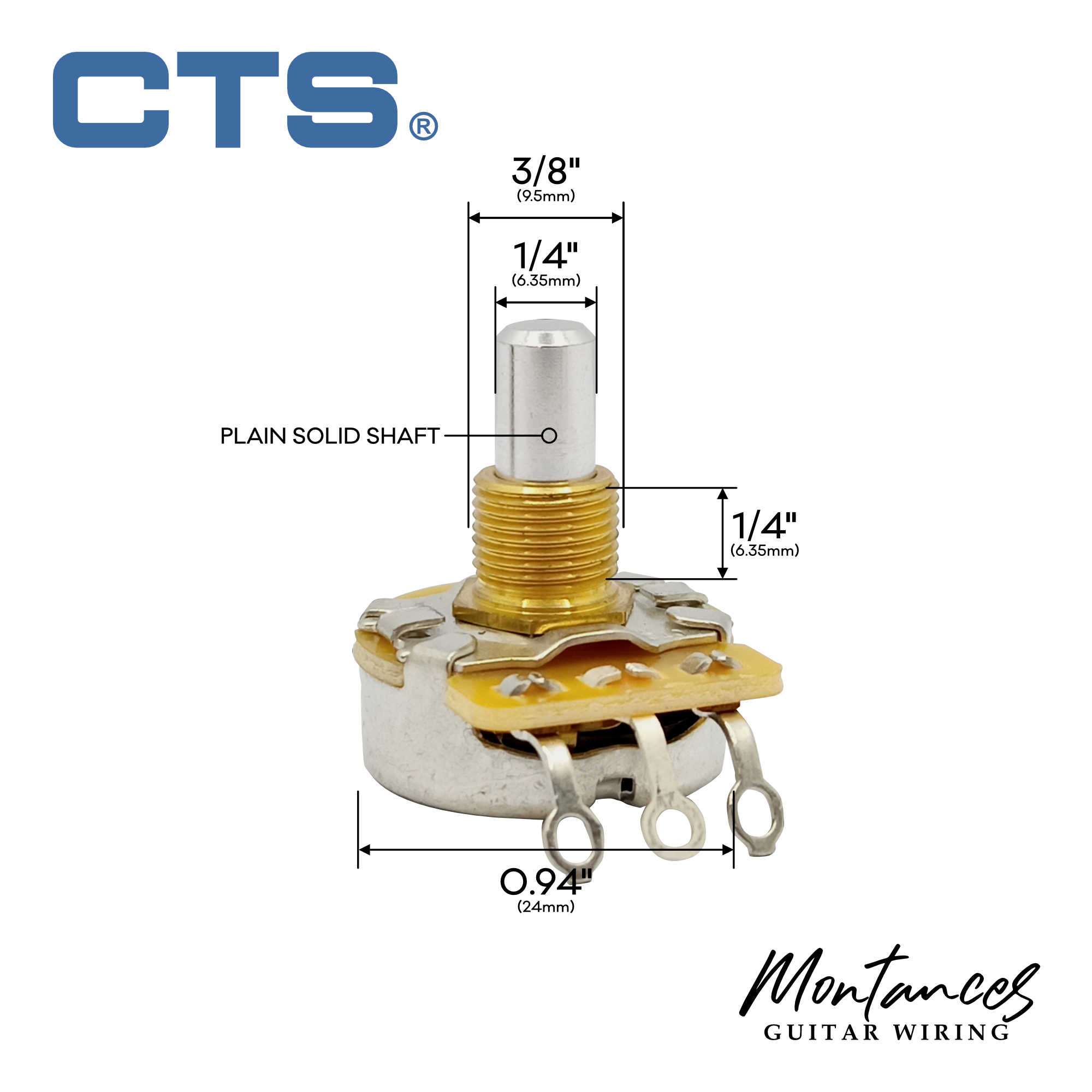 CTS® Premium US ¼” Short Length Full-Size Potentiometer (Solid Shaft)