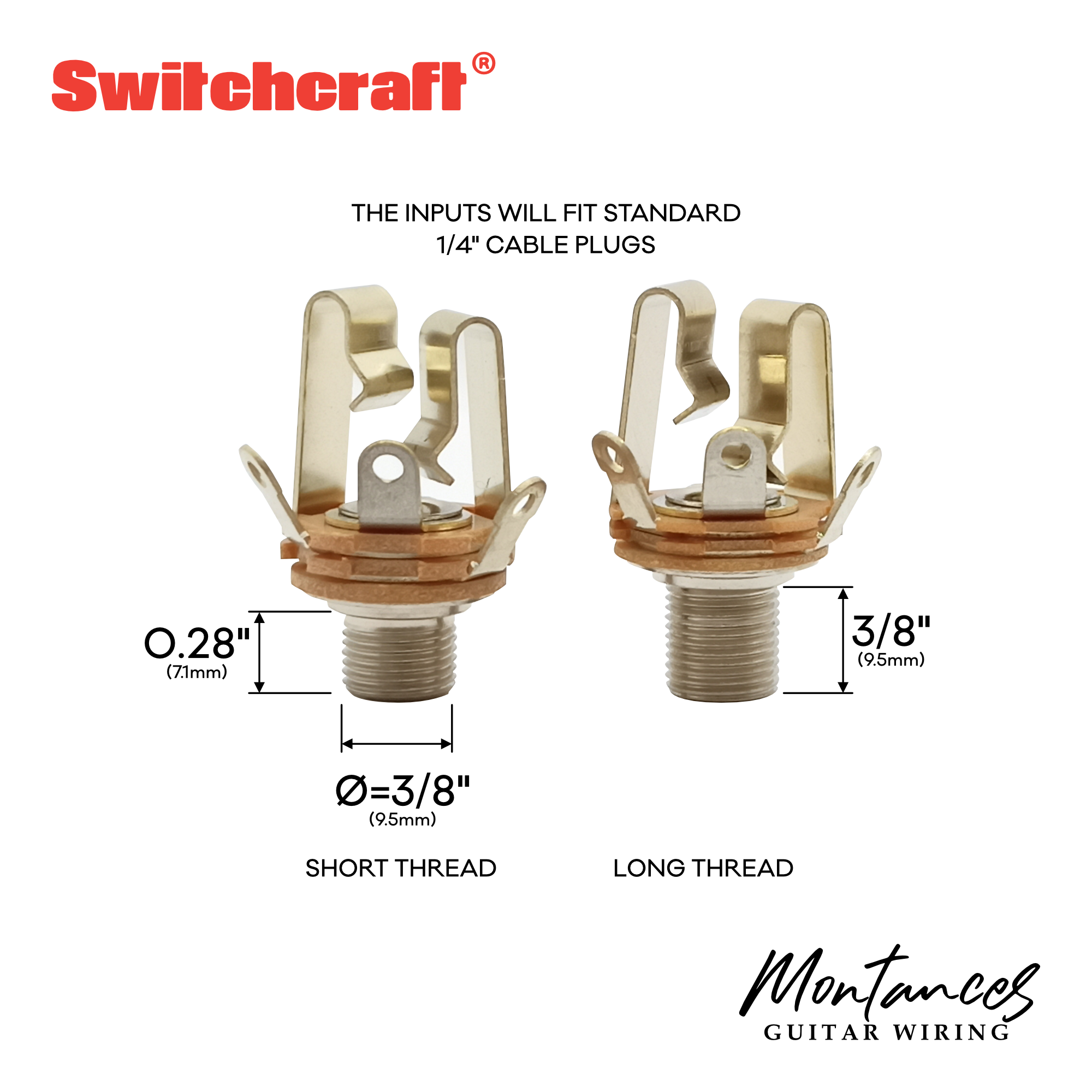 Switchcraft Guitar & Bass Output Jack – Mono or Stereo | Short or Long Thread | USA-Made | 1/4" (6.35mm) | For Strat, Tele, Jazz Bass & More
