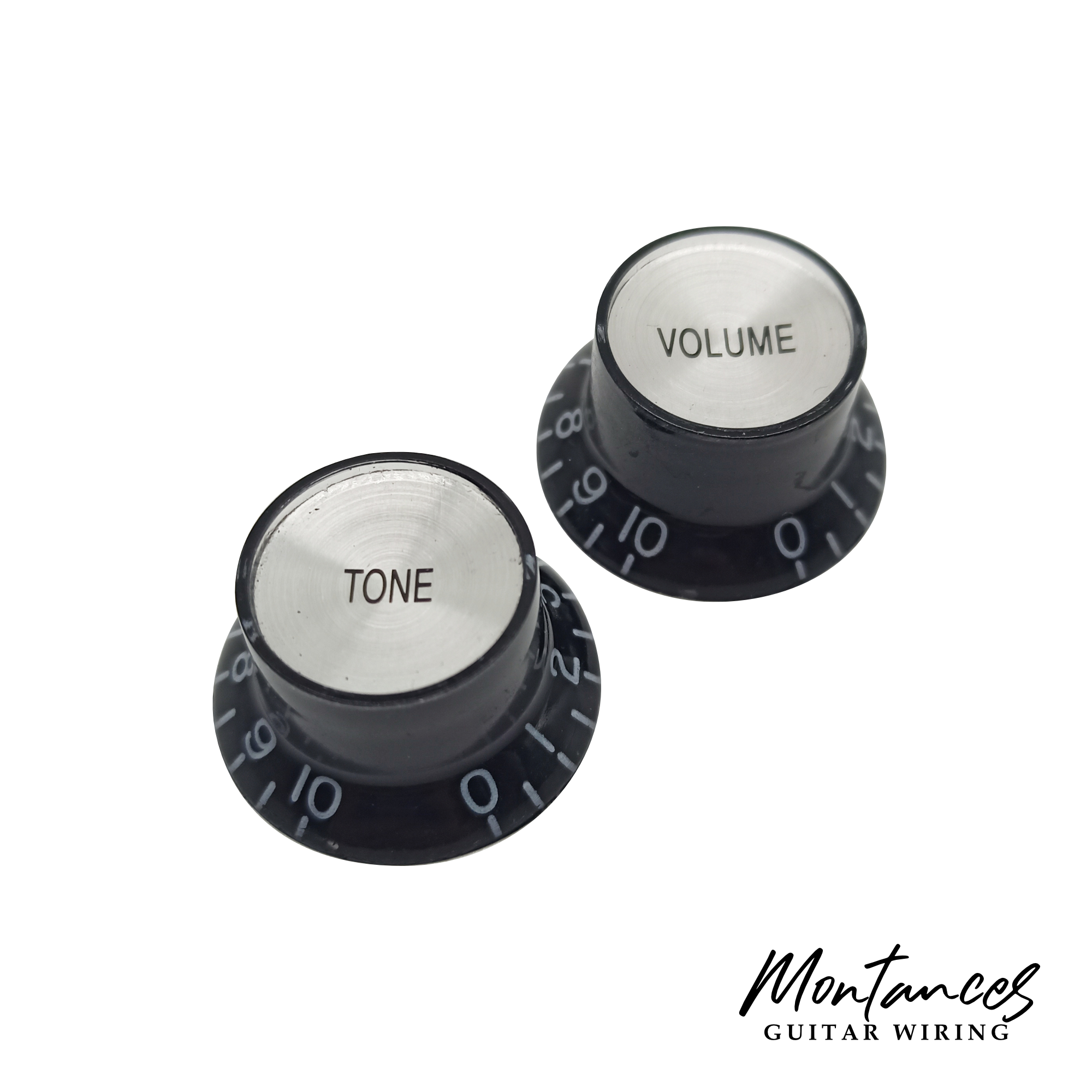 Top Hat Knob, Black With Silver Cap, Gibson Style, Push-On Metric, 18 Splines, Sold Per Piece
