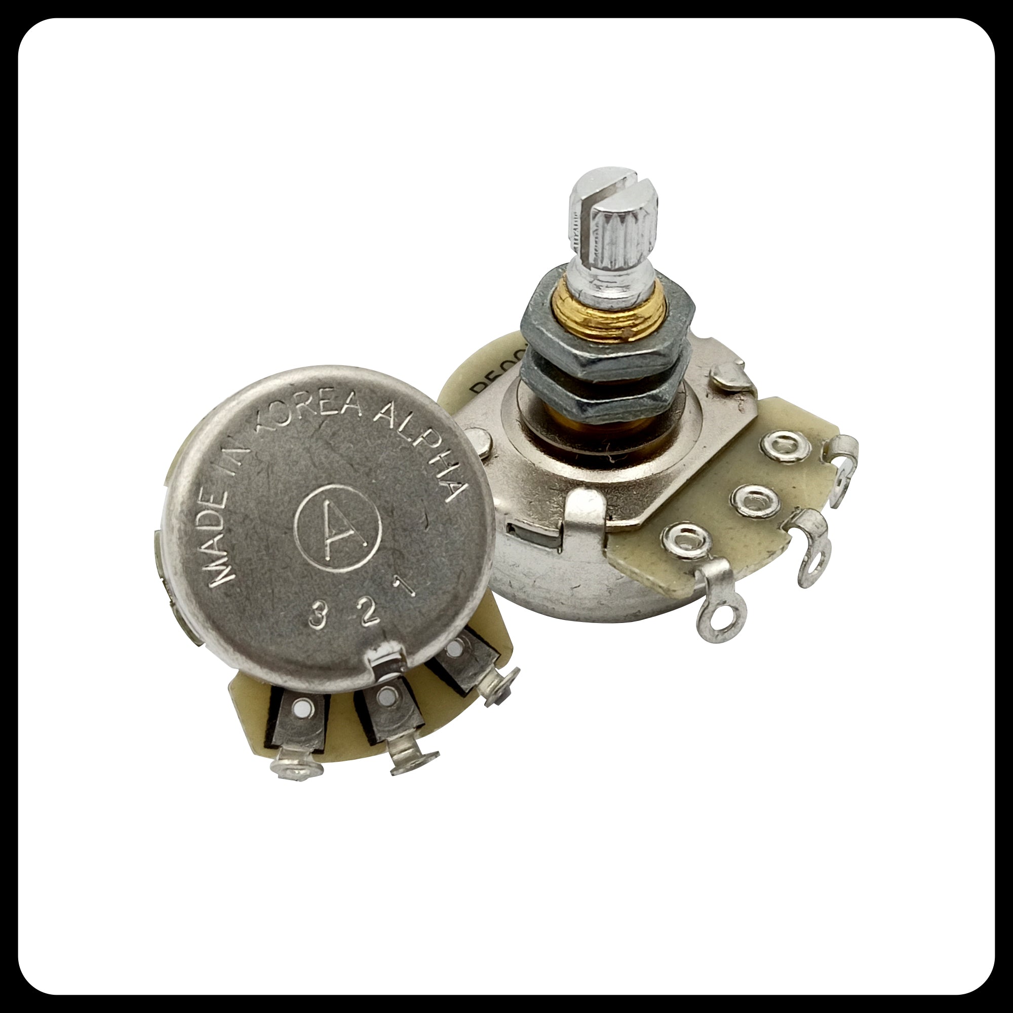 Alpha Premium Metric Full-Size Potentiometer (250K / 500K) – Audio Taper (A) / Linear Taper (B) | Split Shaft 18 splines | 8mm Bushing | For Guitar & Bass | made in Korea