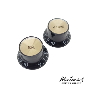 Top Hat Knob, Black With Gold Cap, Gibson Style, Push-On Metric, 18 Splines, Sold Per Piece