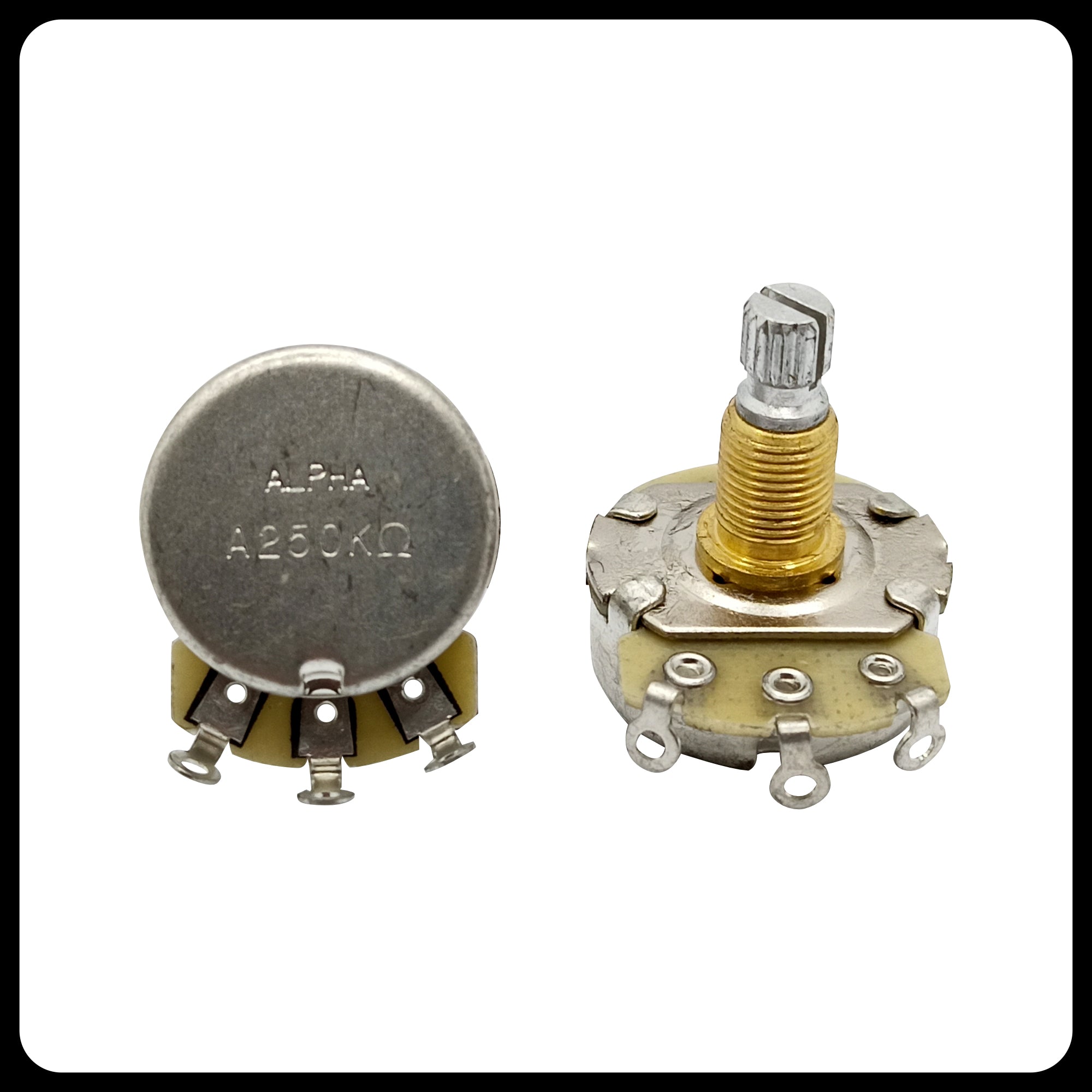 Alpha Premium Metric Full-Size Potentiometer (250K / 500K) – Audio Taper (A) / Linear Taper (B) | Split Shaft 18 splines | 8mm Bushing | For Guitar & Bass | made in Korea
