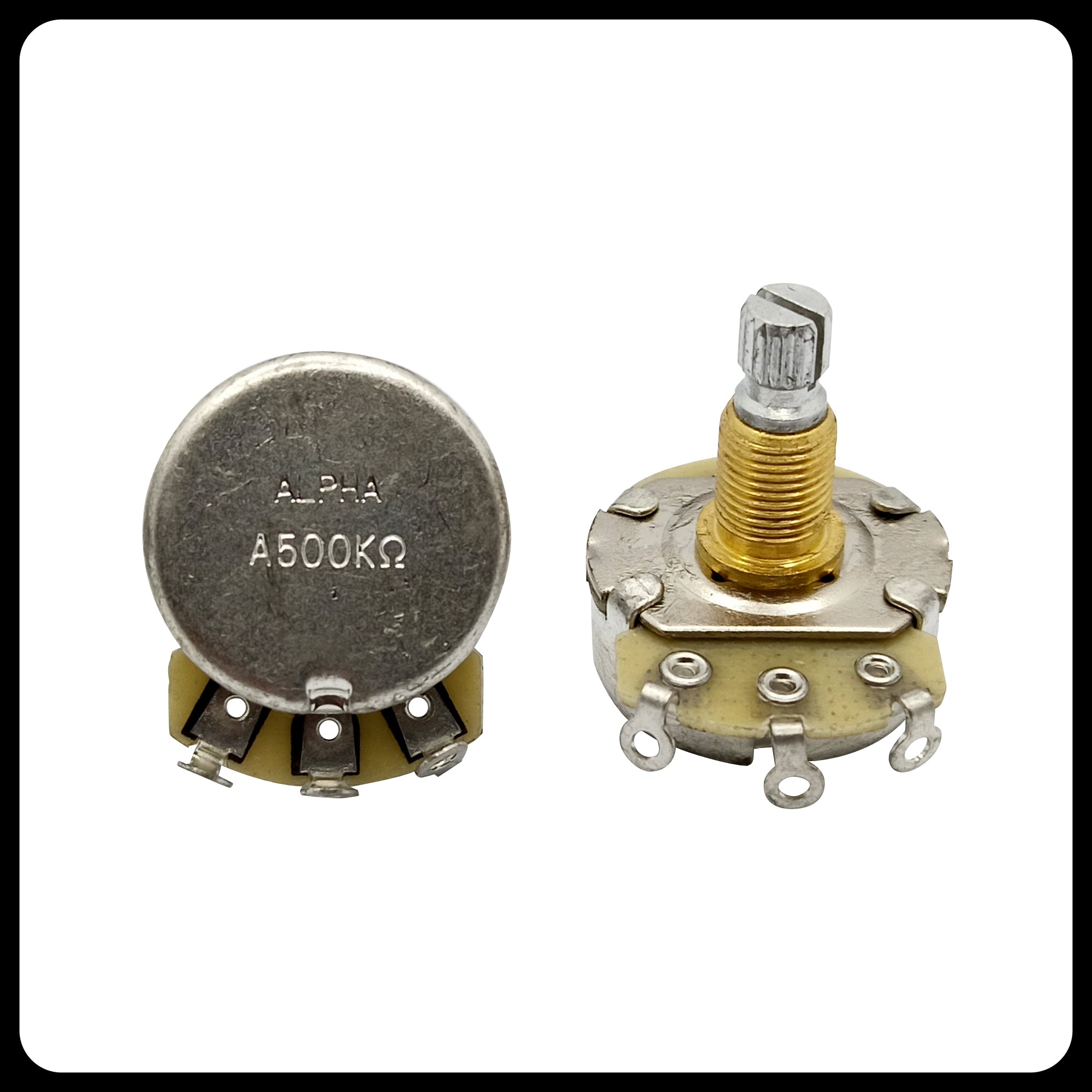 Alpha Premium Metric Full-Size Potentiometer (250K / 500K) – Audio Taper (A) / Linear Taper (B) | Split Shaft 18 splines | 8mm Bushing | For Guitar & Bass | made in Korea