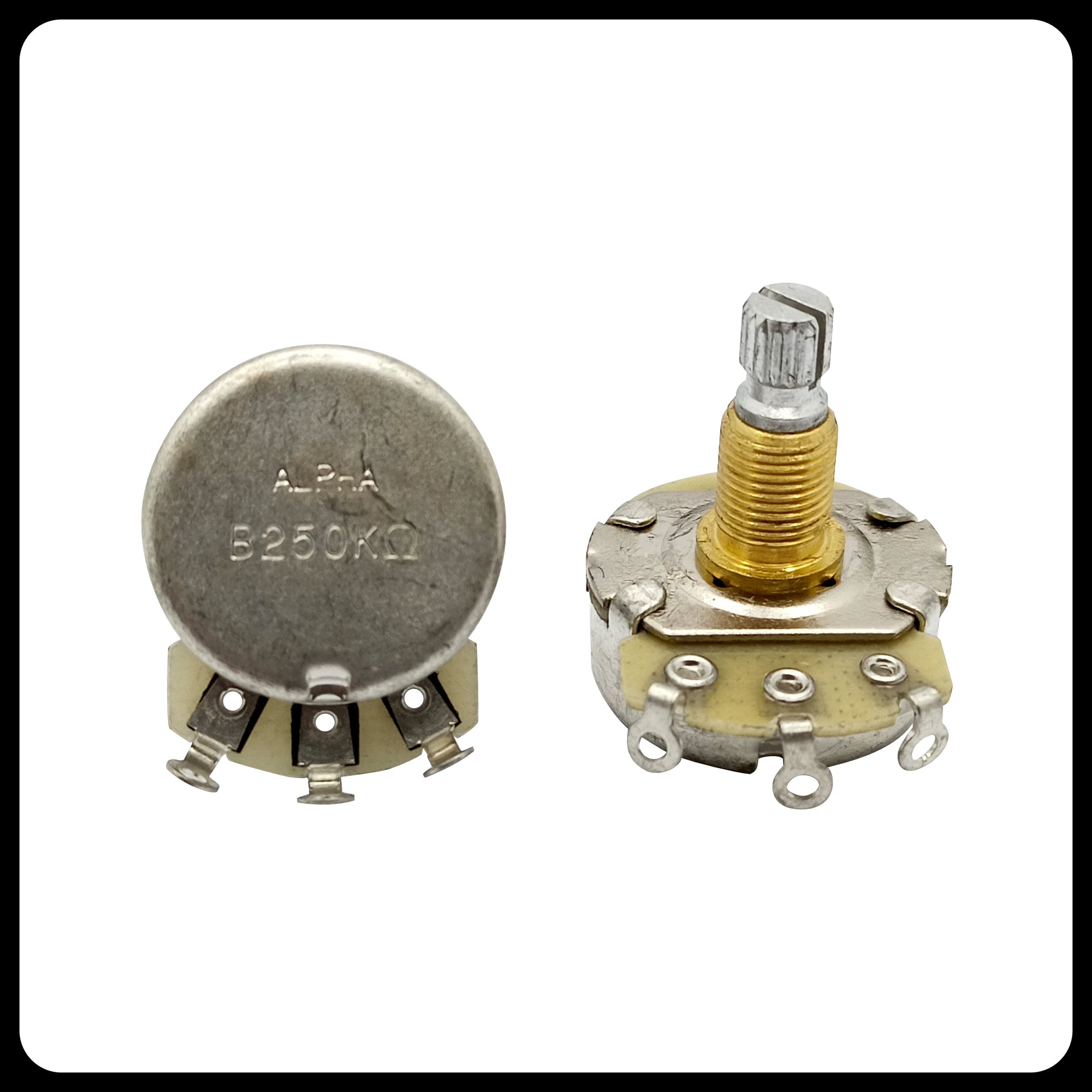Alpha Premium Metric Full-Size Potentiometer (250K / 500K) – Audio Taper (A) / Linear Taper (B) | Split Shaft 18 splines | 8mm Bushing | For Guitar & Bass | made in Korea