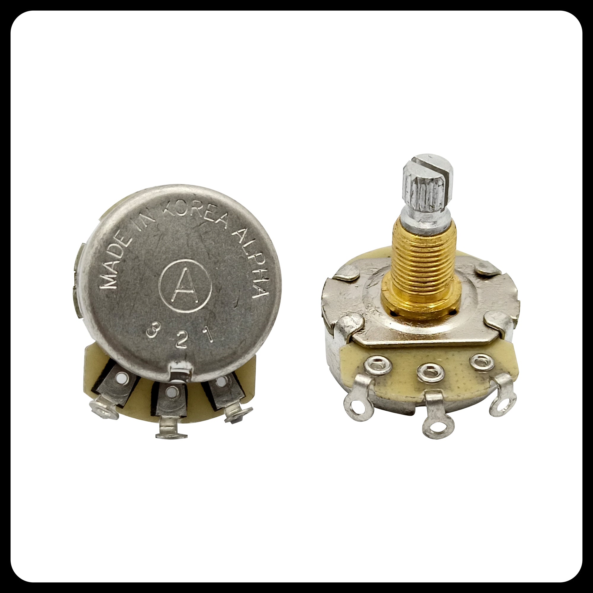 Alpha Premium Metric Full-Size Potentiometer (250K / 500K) – Audio Taper (A) / Linear Taper (B) | Split Shaft 18 splines | 8mm Bushing | For Guitar & Bass | made in Korea