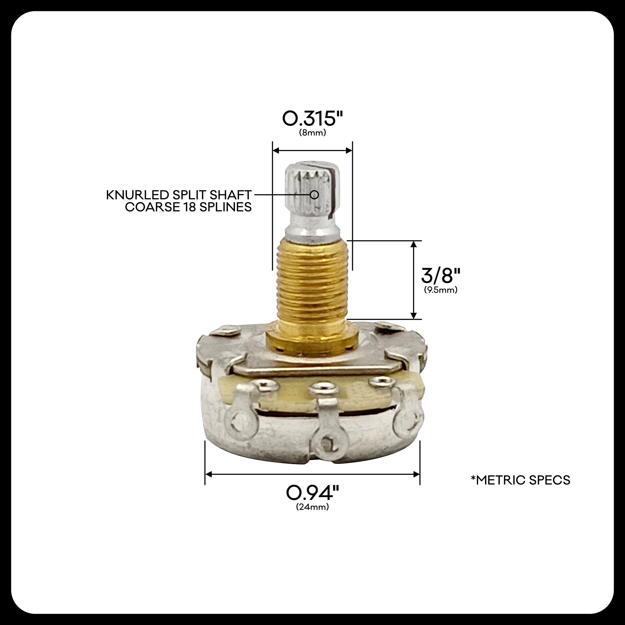 Alpha Premium Metric Full-Size Potentiometer (250K / 500K) – Audio Taper (A) / Linear Taper (B) | Split Shaft 18 splines | 8mm Bushing | For Guitar & Bass | made in Korea