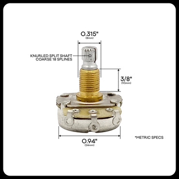 Alpha Premium Metric Full-Size Potentiometer (250K / 500K) – Audio Taper (A) / Linear Taper (B) | Split Shaft 18 splines | 8mm Bushing | For Guitar & Bass | made in Korea
