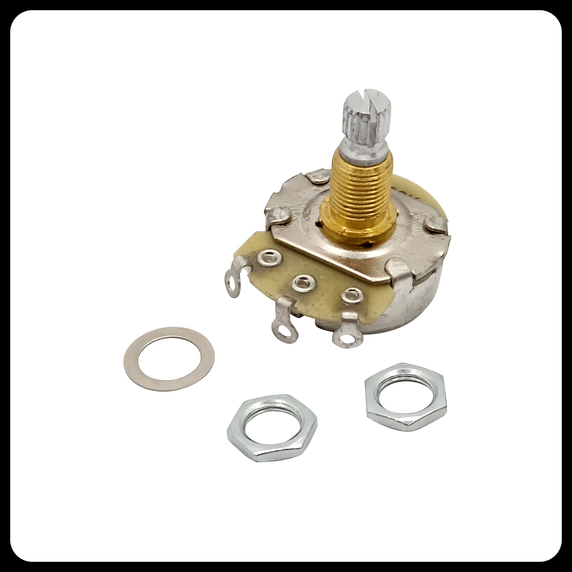 Alpha Premium Metric Full-Size Potentiometer (250K / 500K) – Audio Taper (A) / Linear Taper (B) | Split Shaft 18 splines | 8mm Bushing | For Guitar & Bass | made in Korea