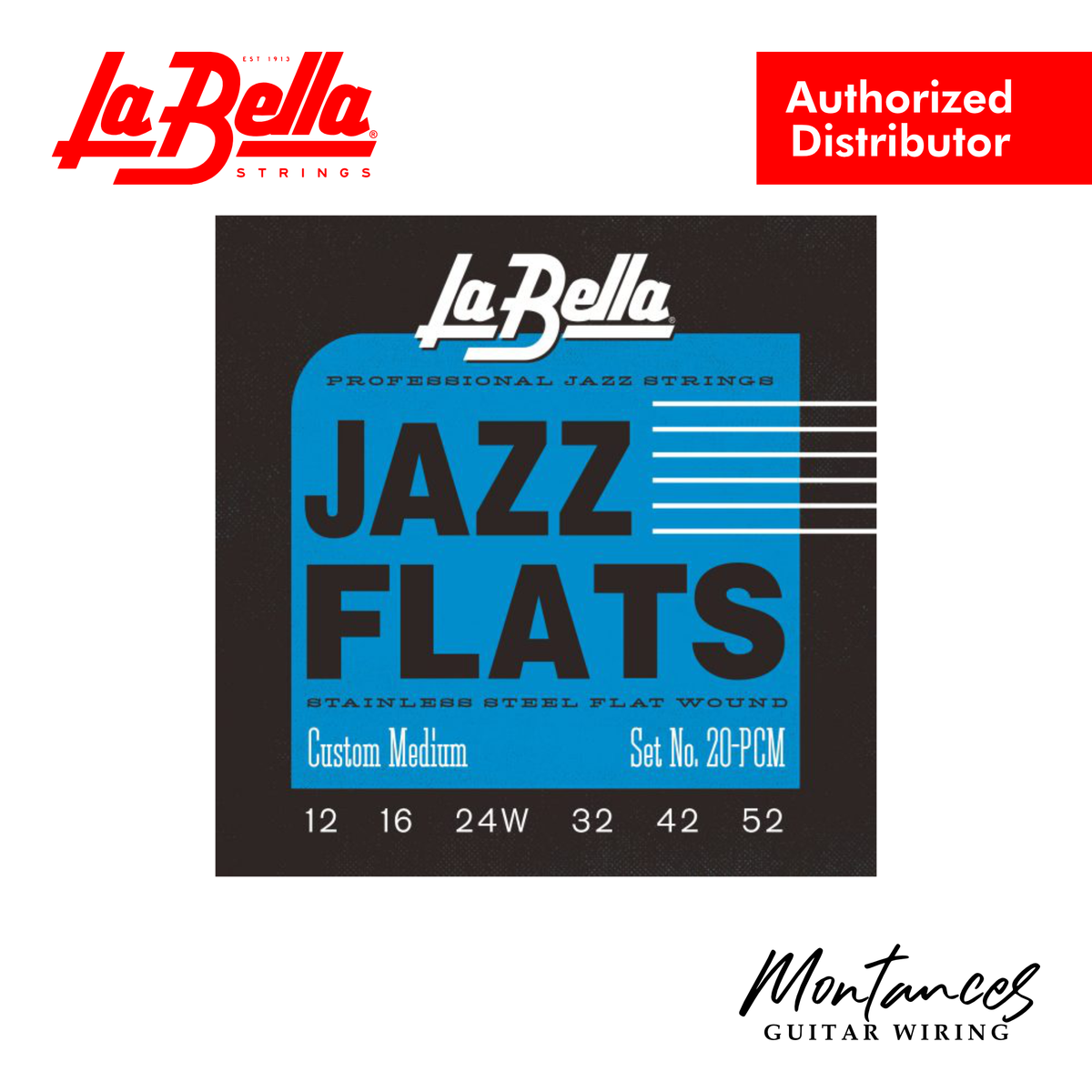 La Bella 20PCM Jazz Flats | Stainless Steel Flat Wound | 12-52 Custom Medium | Electric Guitar String Set