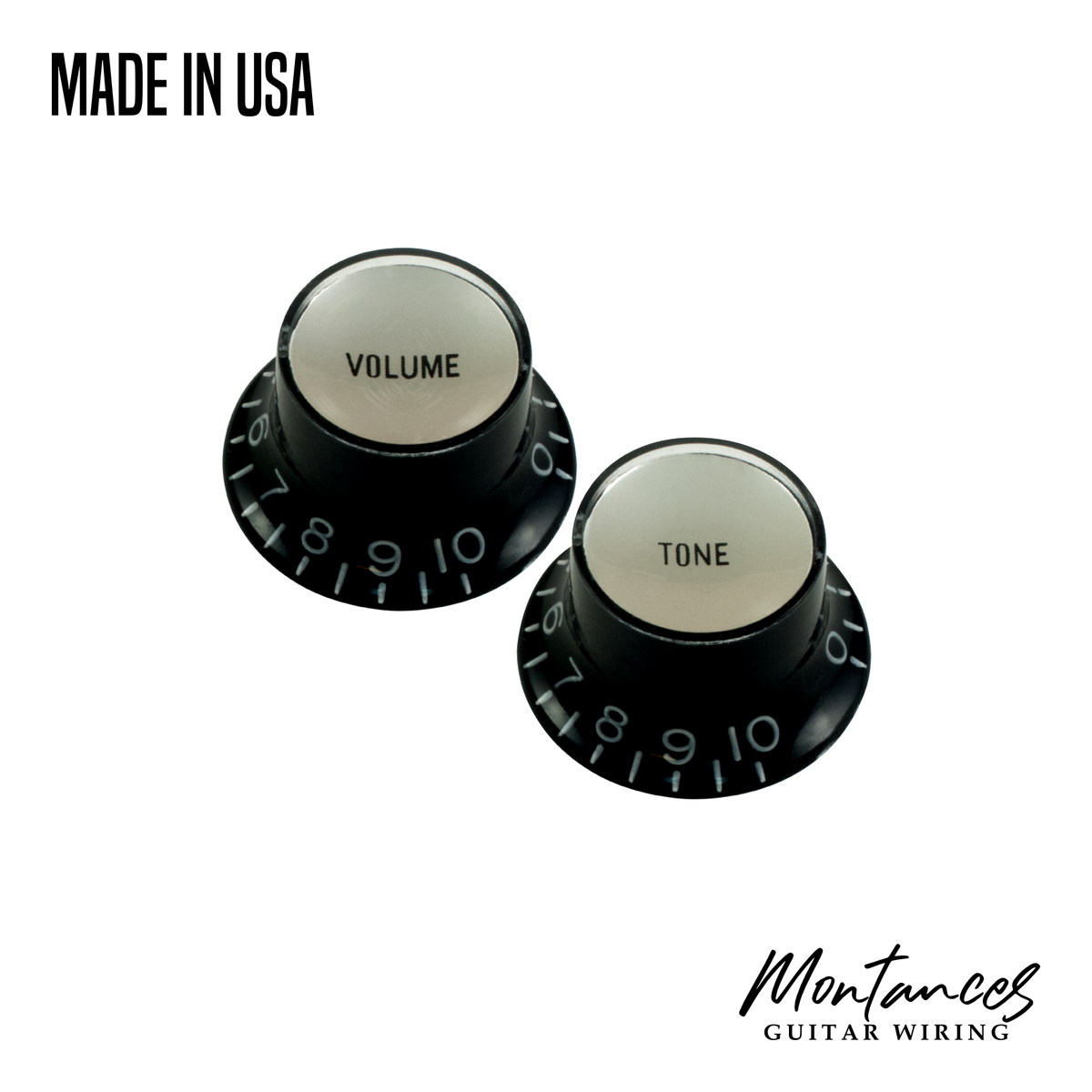 Top Hat Knob, Black with Silver Cap, Gibson Style, Push-On made in USA, 24 splines, Sold Per Piece