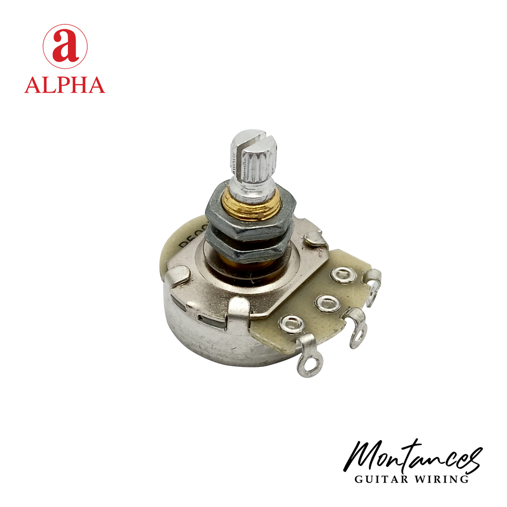 Alpha Premium Metric Full-Size Potentiometer (250K / 500K) – Audio Taper (A) / Linear Taper (B) | Split Shaft 18 splines | 8mm Bushing | For Guitar & Bass | made in Korea