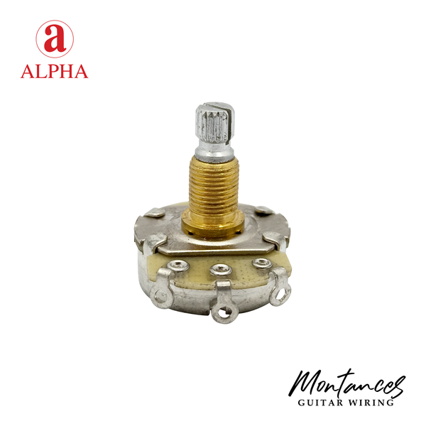 Alpha Premium Metric Full-Size Potentiometer (250K / 500K) – Audio Taper (A) / Linear Taper (B) | Split Shaft 18 splines | 8mm Bushing | For Guitar & Bass | made in Korea