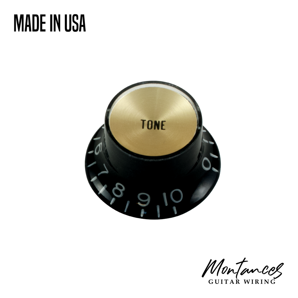 Top Hat Knob, Black with Gold Cap, Gibson Style, PushOn made in USA, Montances Guitar Wiring