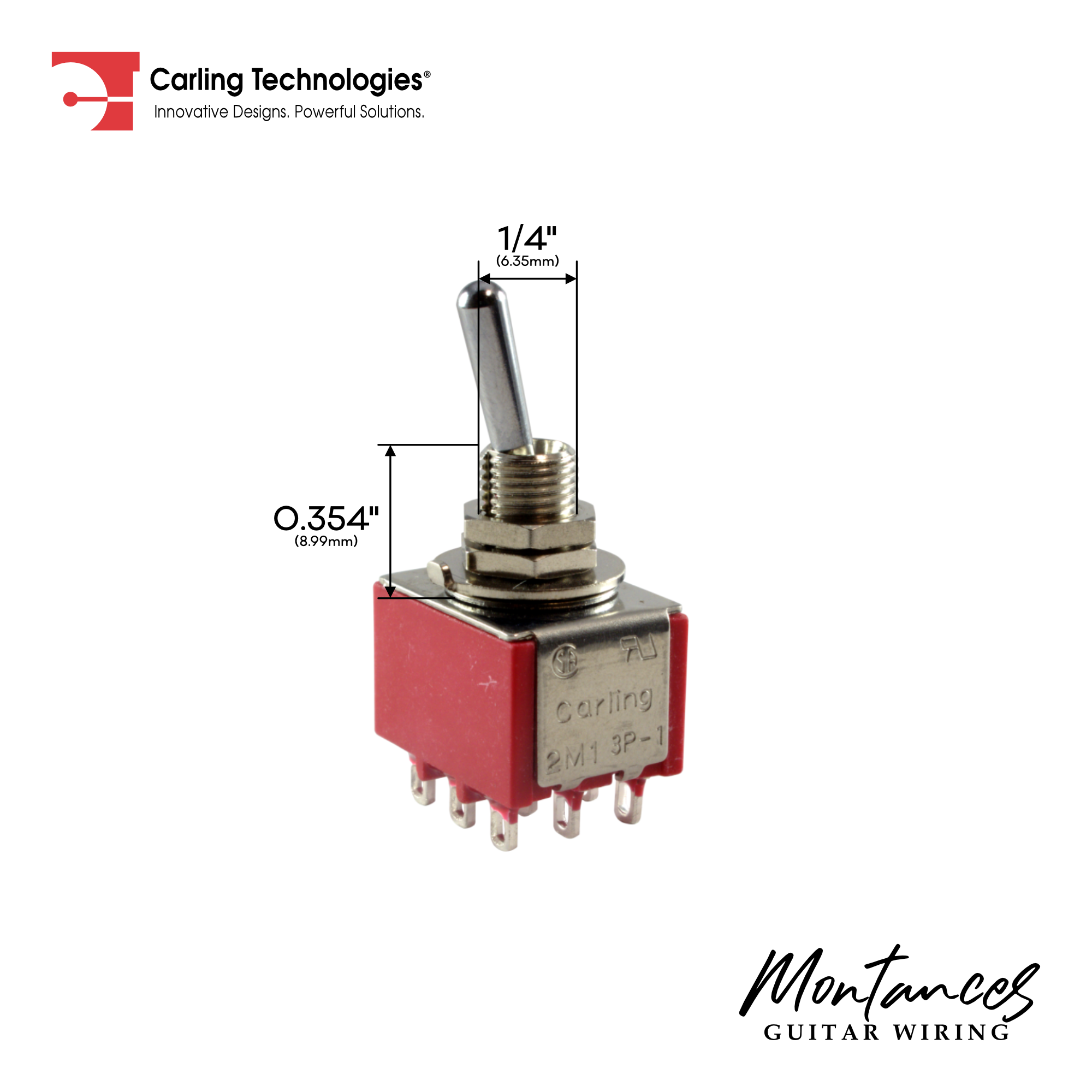 Carling Mini Toggle Switch 3PDT, 2 Position ON-ON