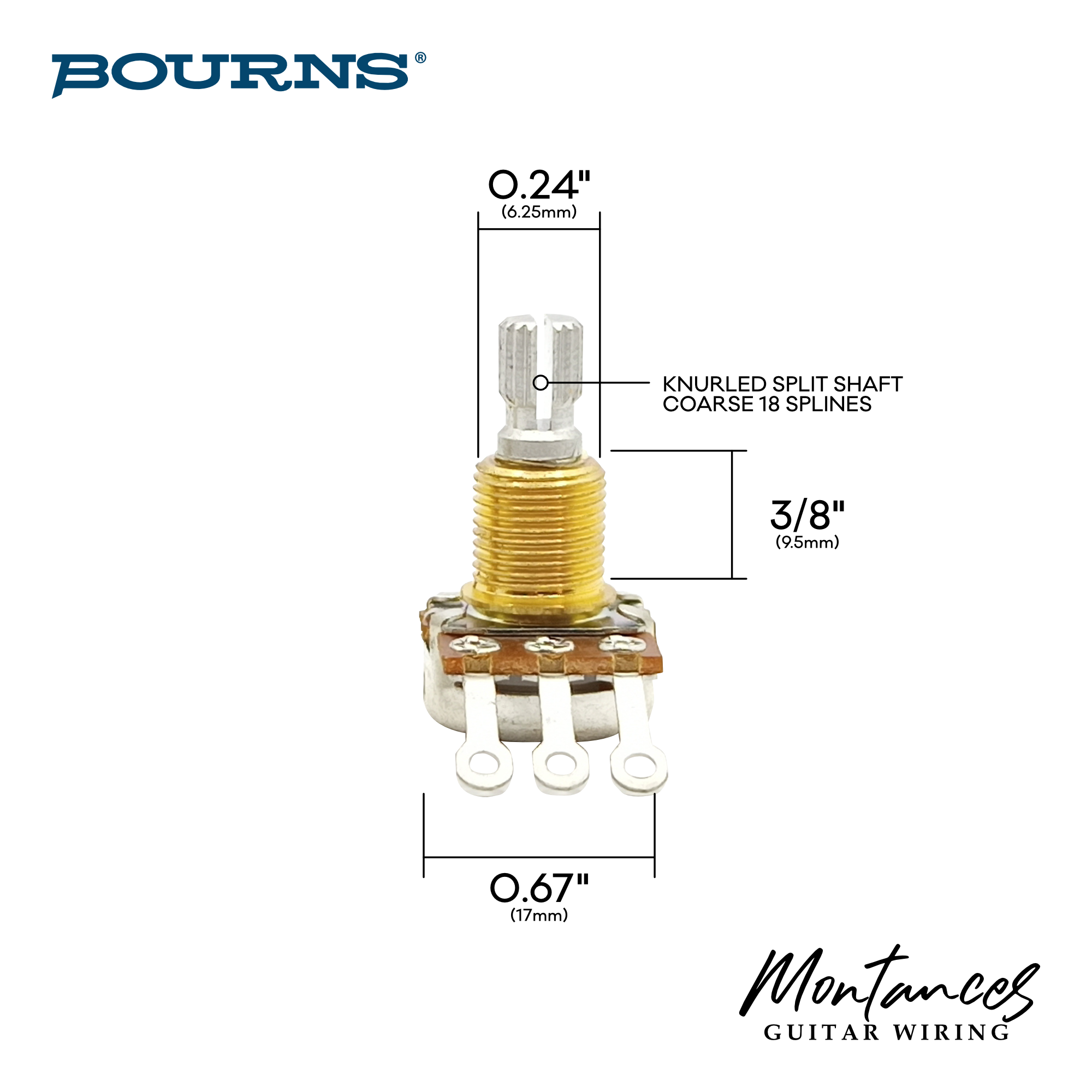 Bourns® US ⅜” Standard Length Reversed Audio C-Taper Potentiometer (Split Shaft)