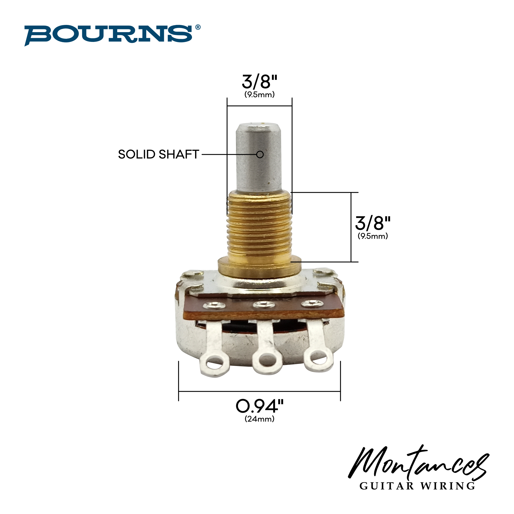 Bourns® Premium US ⅜” Standard Length Full-Size Potentiometer (High Torque, Solid Shaft)