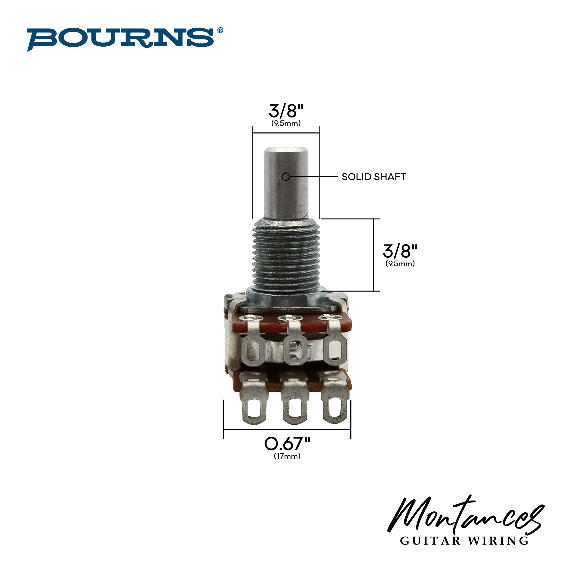 Bourns® ⅜” Standard Length Blend Balance Control Dual Gang Potentiometer (SOLID SHAFT)