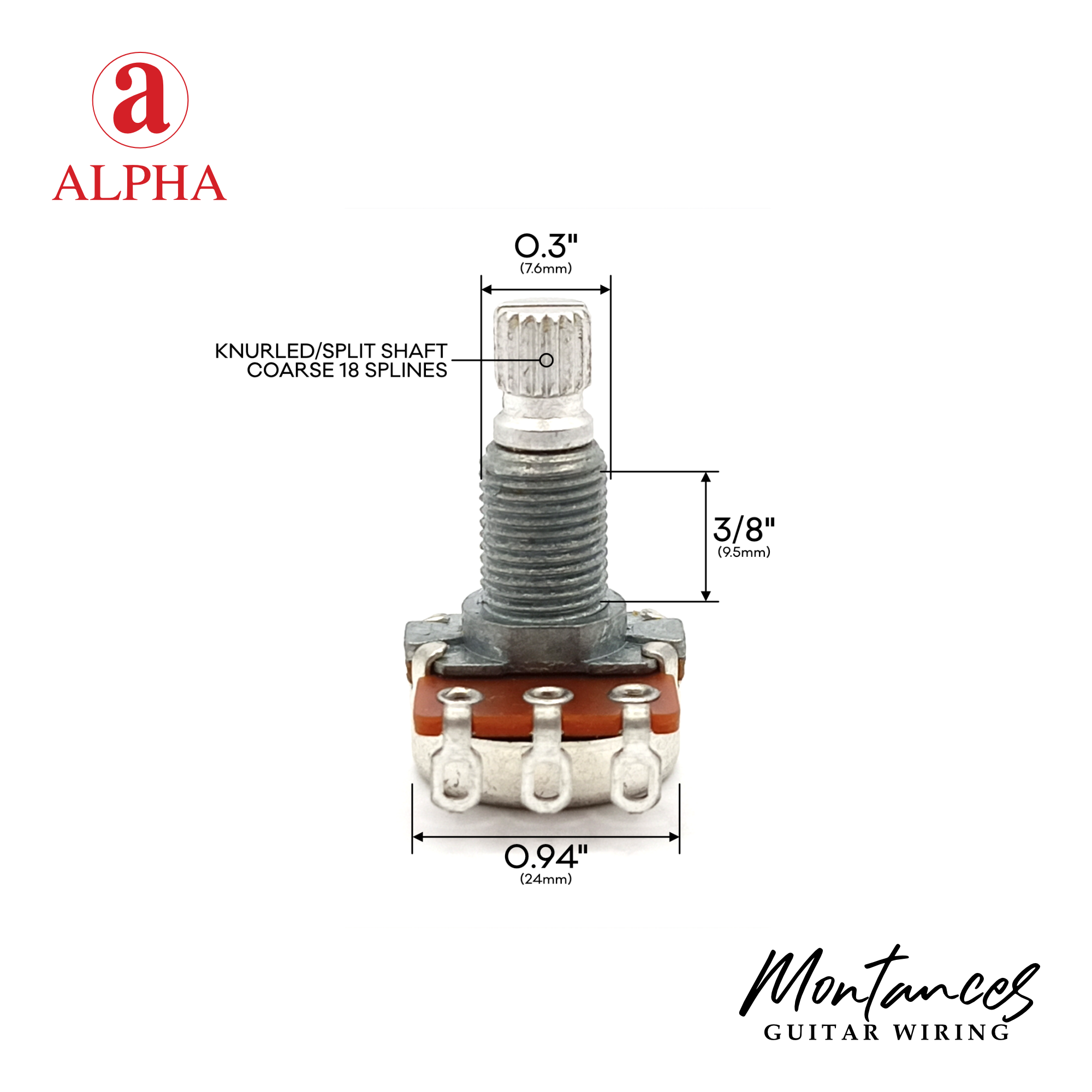 Alpha® Metric ⅜” Standard Length Potentiometer with Center Click (Split Shaft)