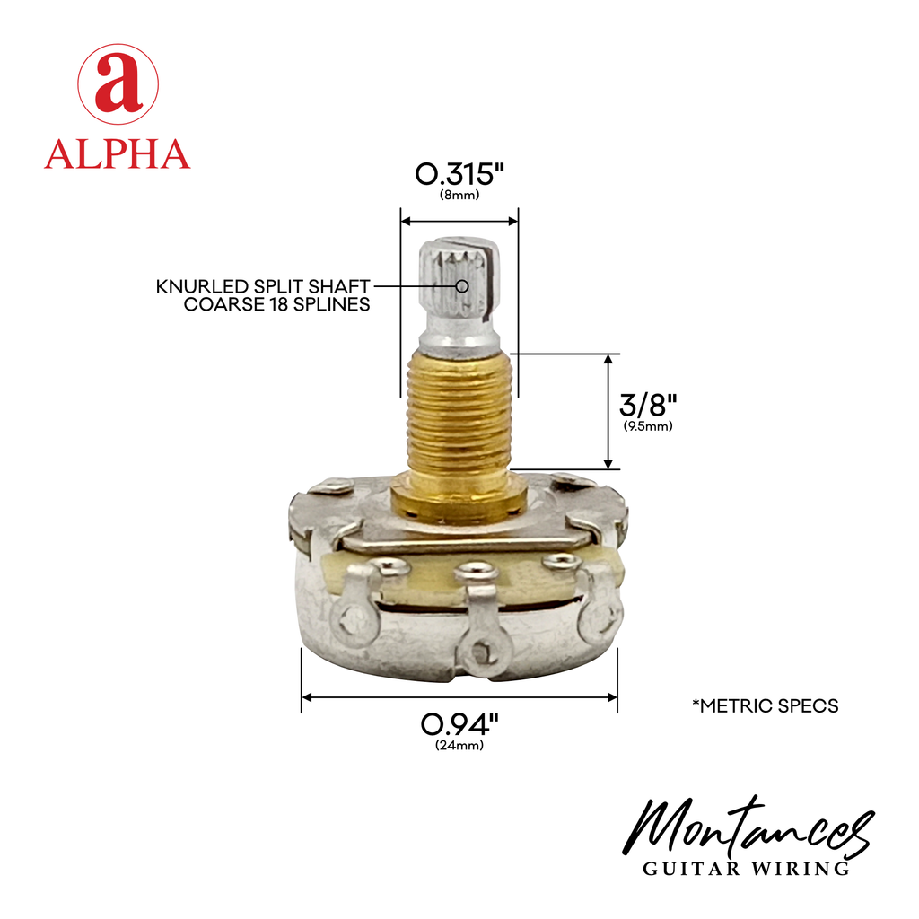 Alpha Premium Metric Full-Size Potentiometer (250K / 500K) – Audio Taper (A) / Linear Taper (B) | Split Shaft 18 splines | 8mm Bushing | For Guitar & Bass | made in Korea