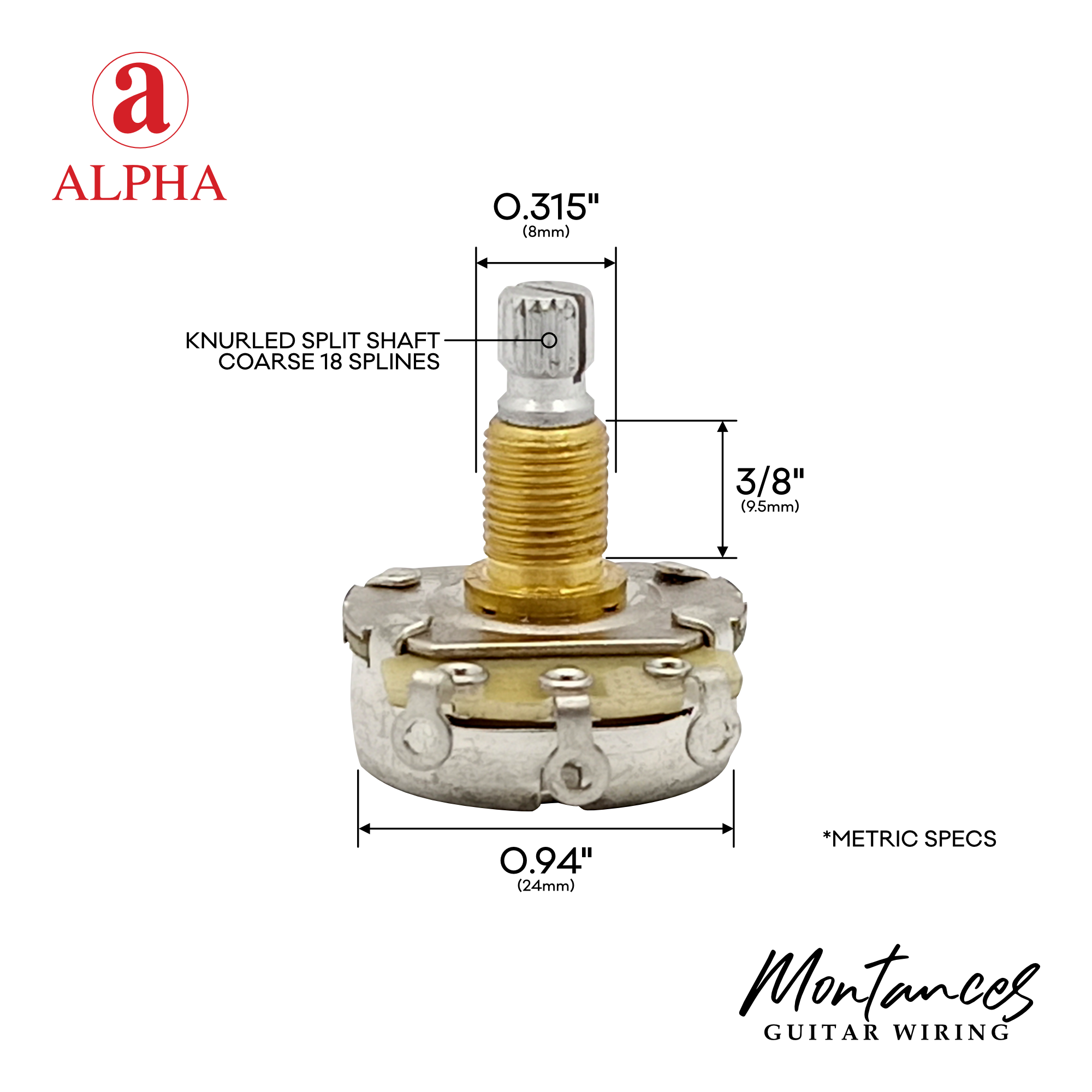 Alpha Premium Metric Full-Size Potentiometer (250K / 500K) – Audio Taper (A) / Linear Taper (B) | Split Shaft 18 splines | 8mm Bushing | For Guitar & Bass | made in Korea