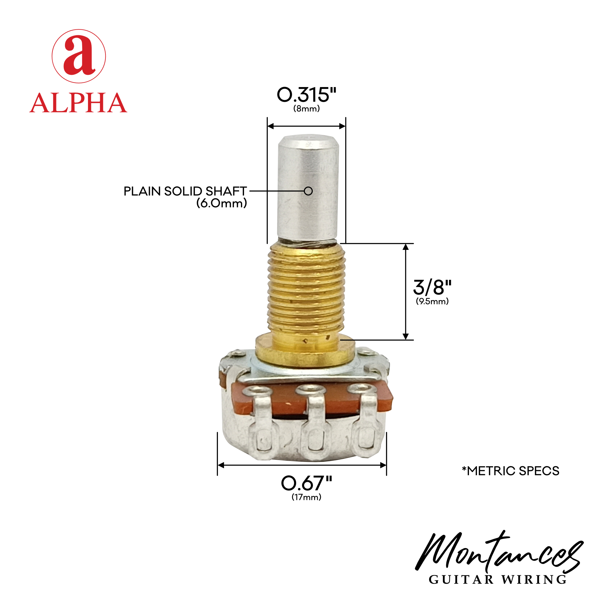 Alpha® Metric ⅜” Standard Length Potentiometer with Center Click (Solid Shaft)