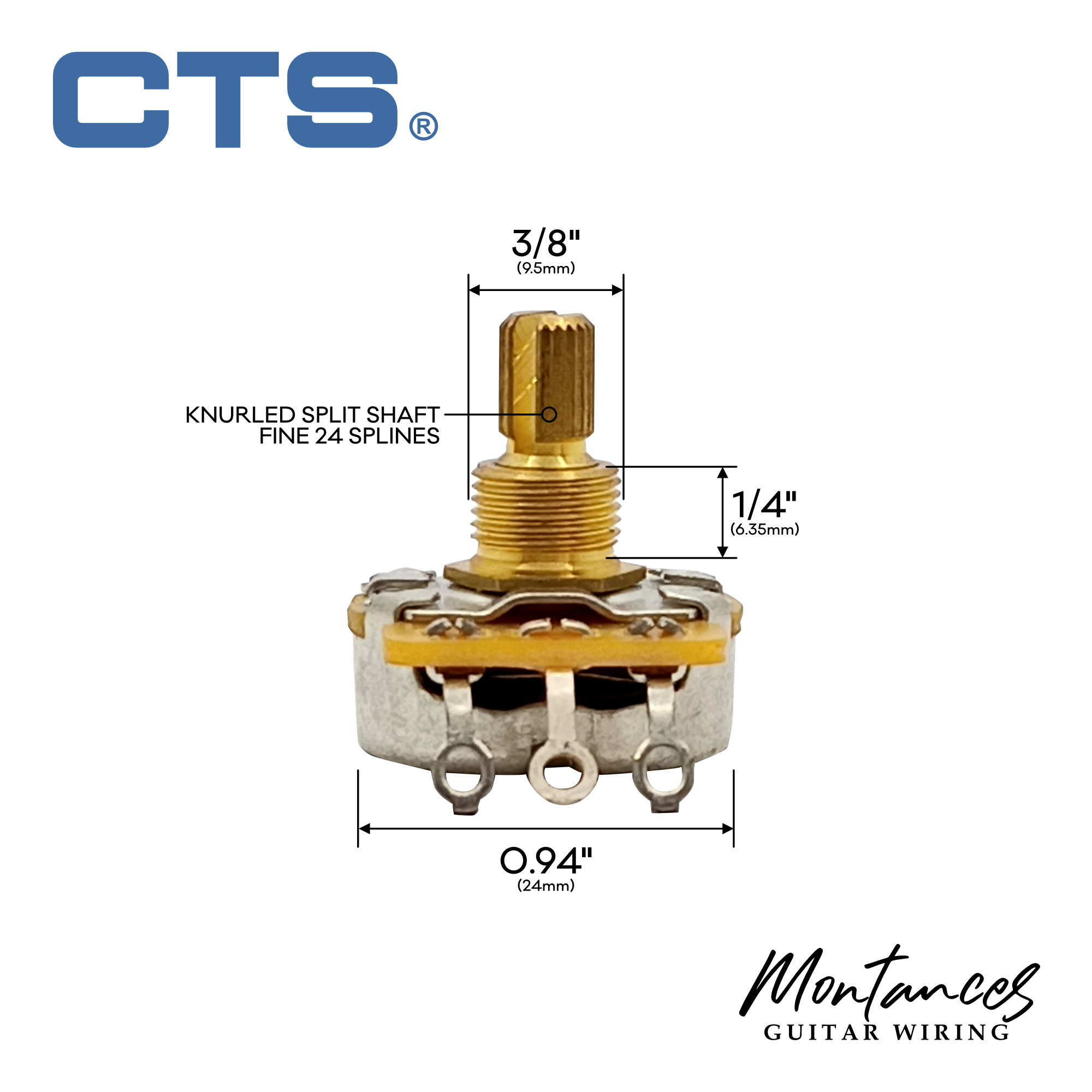 CTS® Premium US ¼” Short Length Full-Size Potentiometer (Split Shaft)