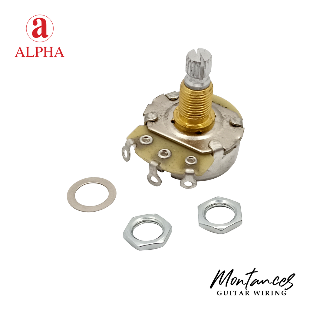 Alpha Premium Metric Full-Size Potentiometer (250K / 500K) – Audio Taper (A) / Linear Taper (B) | Split Shaft 18 splines | 8mm Bushing | For Guitar & Bass | made in Korea