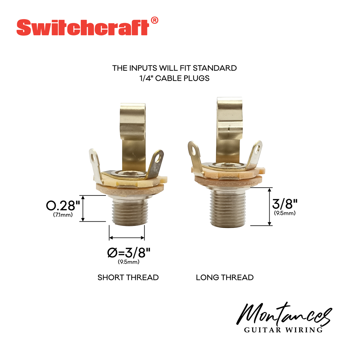 Switchcraft Guitar & Bass Output Jack – Mono or Stereo | Short or Long Thread | USA-Made | 1/4" (6.35mm) | For Strat, Tele, Jazz Bass & More