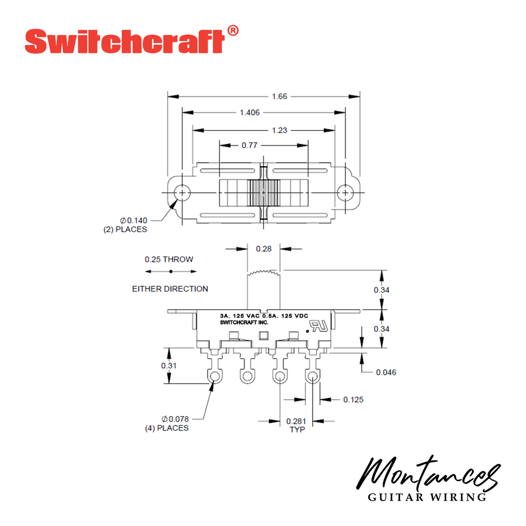 Switchcraft® Slide Switch for Mustang®, Duosonic®, Jazzmaster®, Jaguar® guitars and Brian May Wiring
