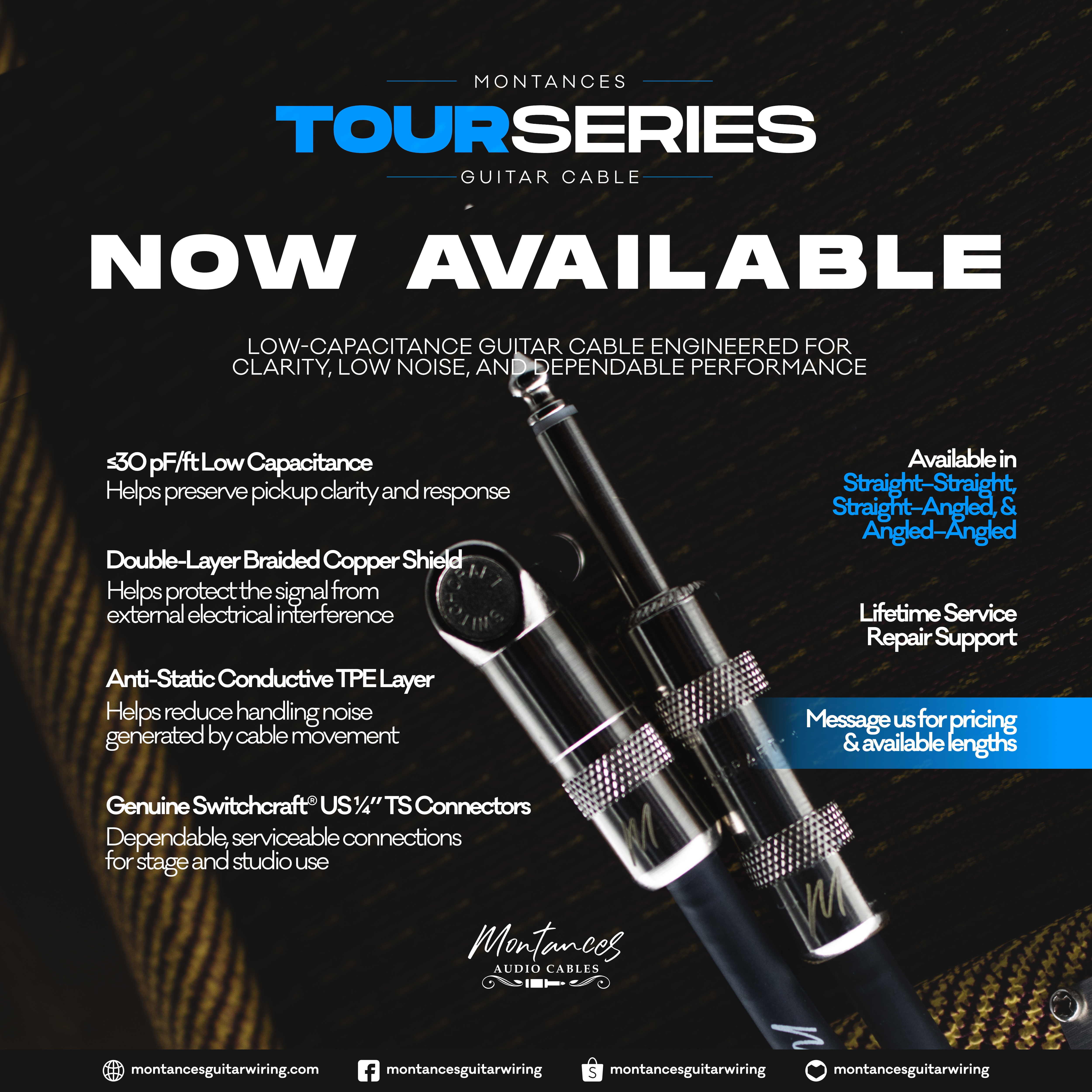Montances Tour Series Guitar Instrument Cable | Low Capacitance | Switchcraft® Plugs