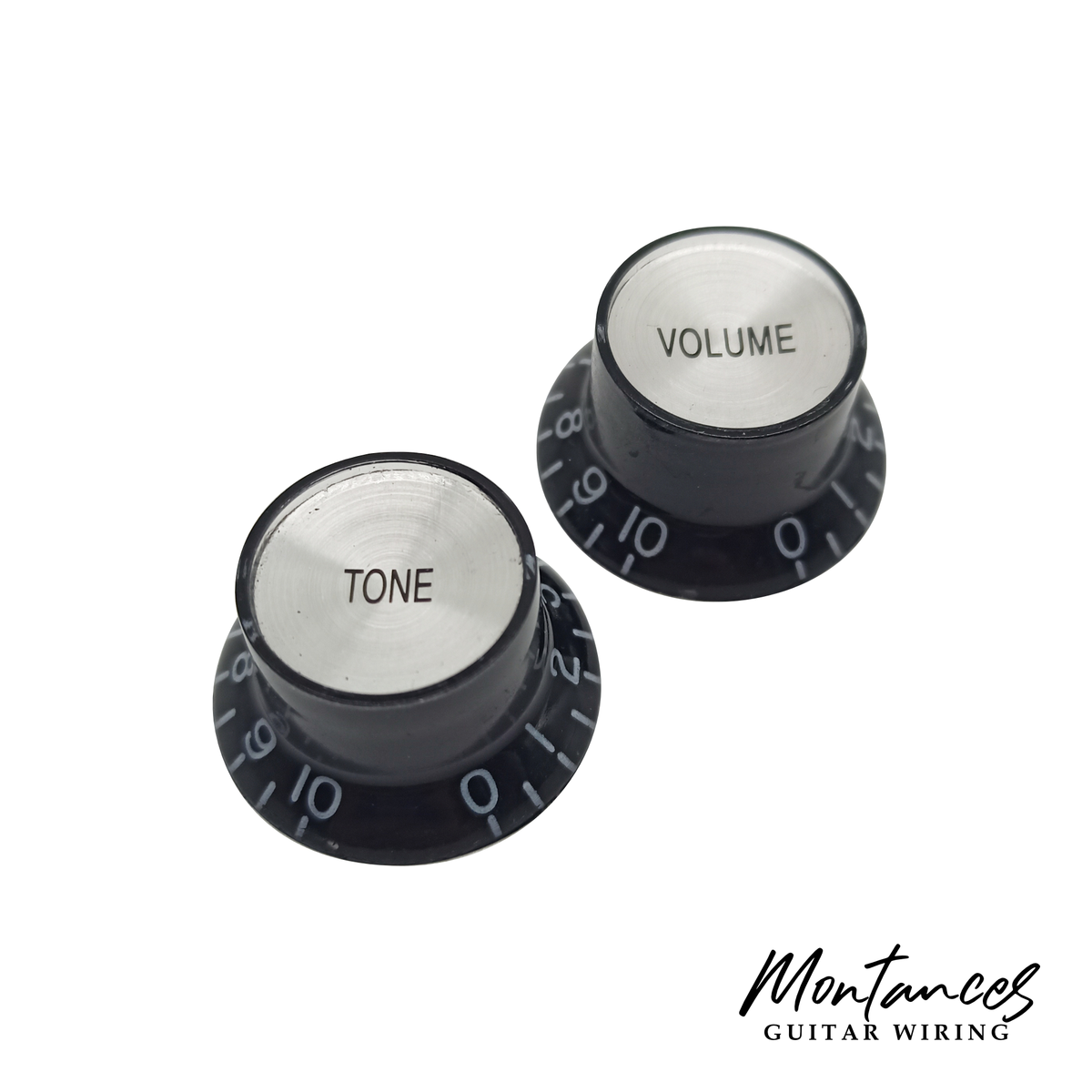 Top Hat Knob, Black With Silver Cap, Gibson Style, Push-On Metric, 18 Splines, Sold Per Piece