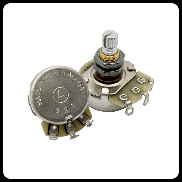 Alpha Premium Metric Full-Size Potentiometer (250K / 500K) – Audio Taper (A) / Linear Taper (B) | Split Shaft 18 splines | 8mm Bushing | For Guitar & Bass | made in Korea