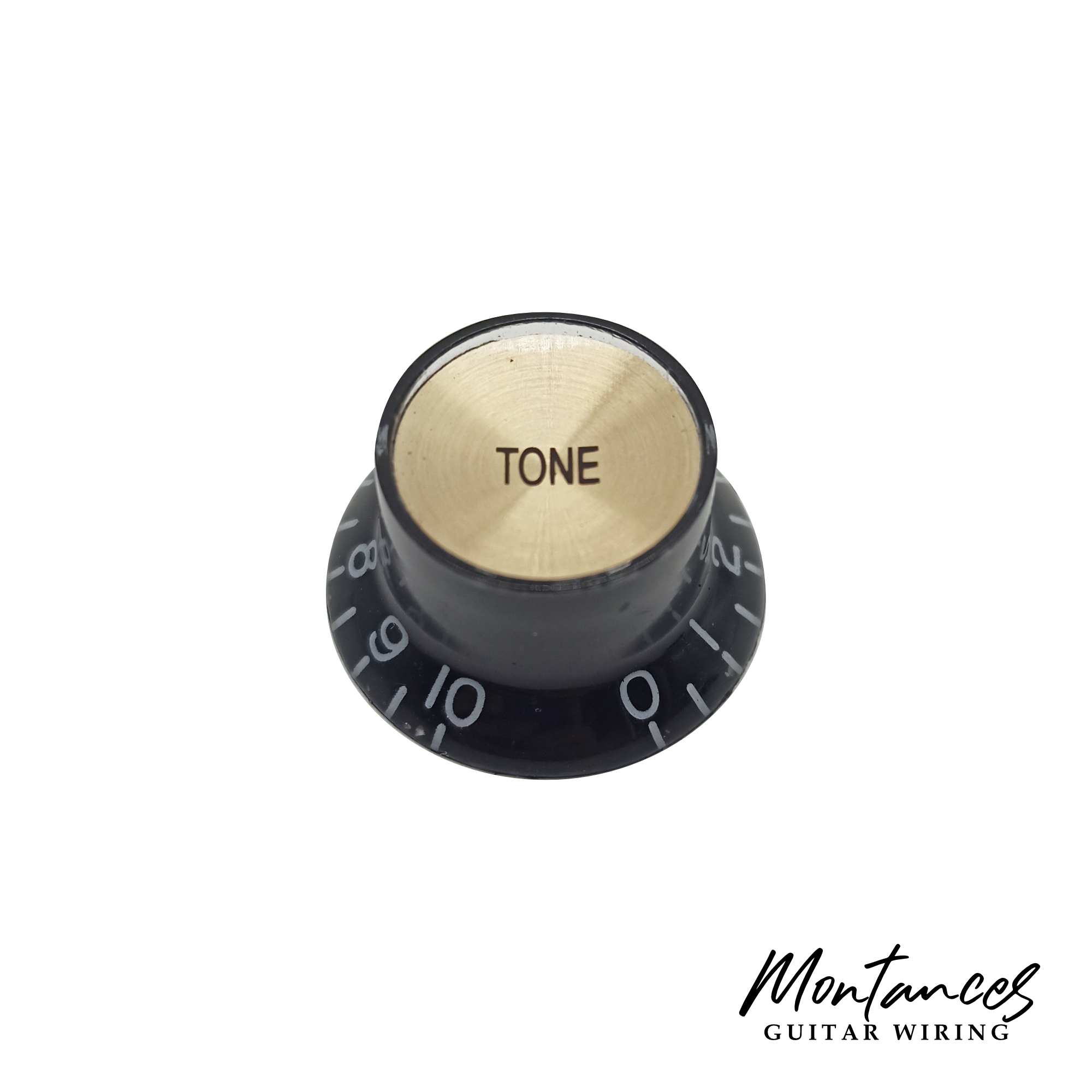 Top Hat Knob, Black With Gold Cap, Gibson Style, Push-On Metric, 18 Splines, Sold Per Piece