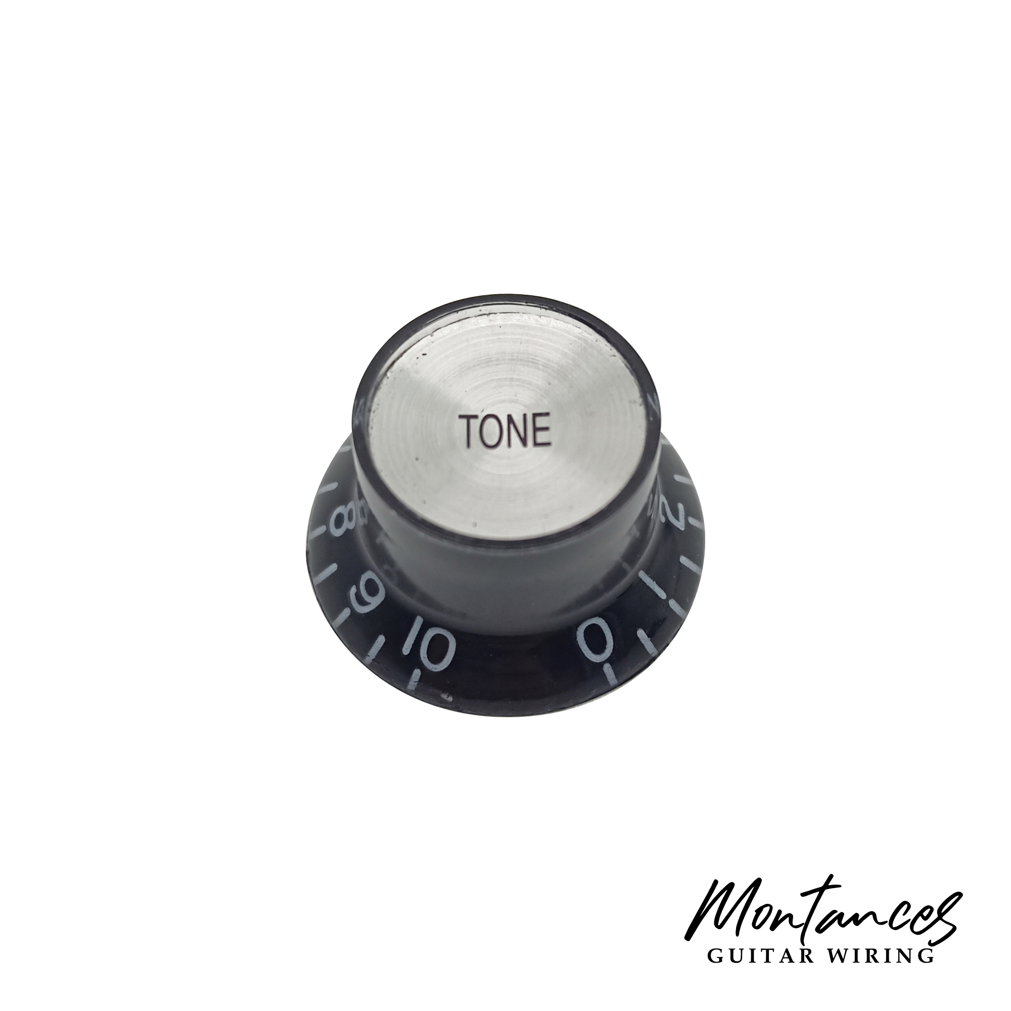 Top Hat Knob, Black With Silver Cap, Gibson Style, Push-On Metric, 18 Splines, Sold Per Piece