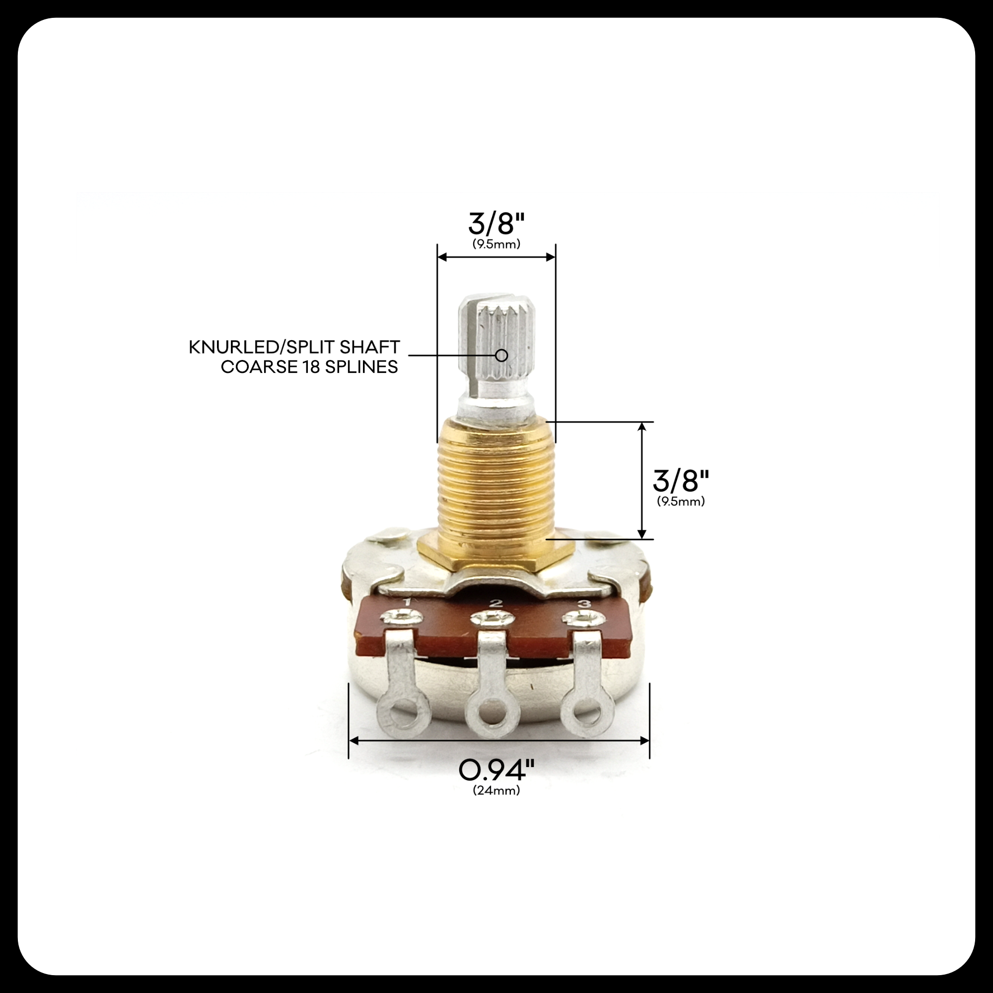 Bourns® Reversed Audio C-Taper Potentiometer Split Shaft 3/8" US specs