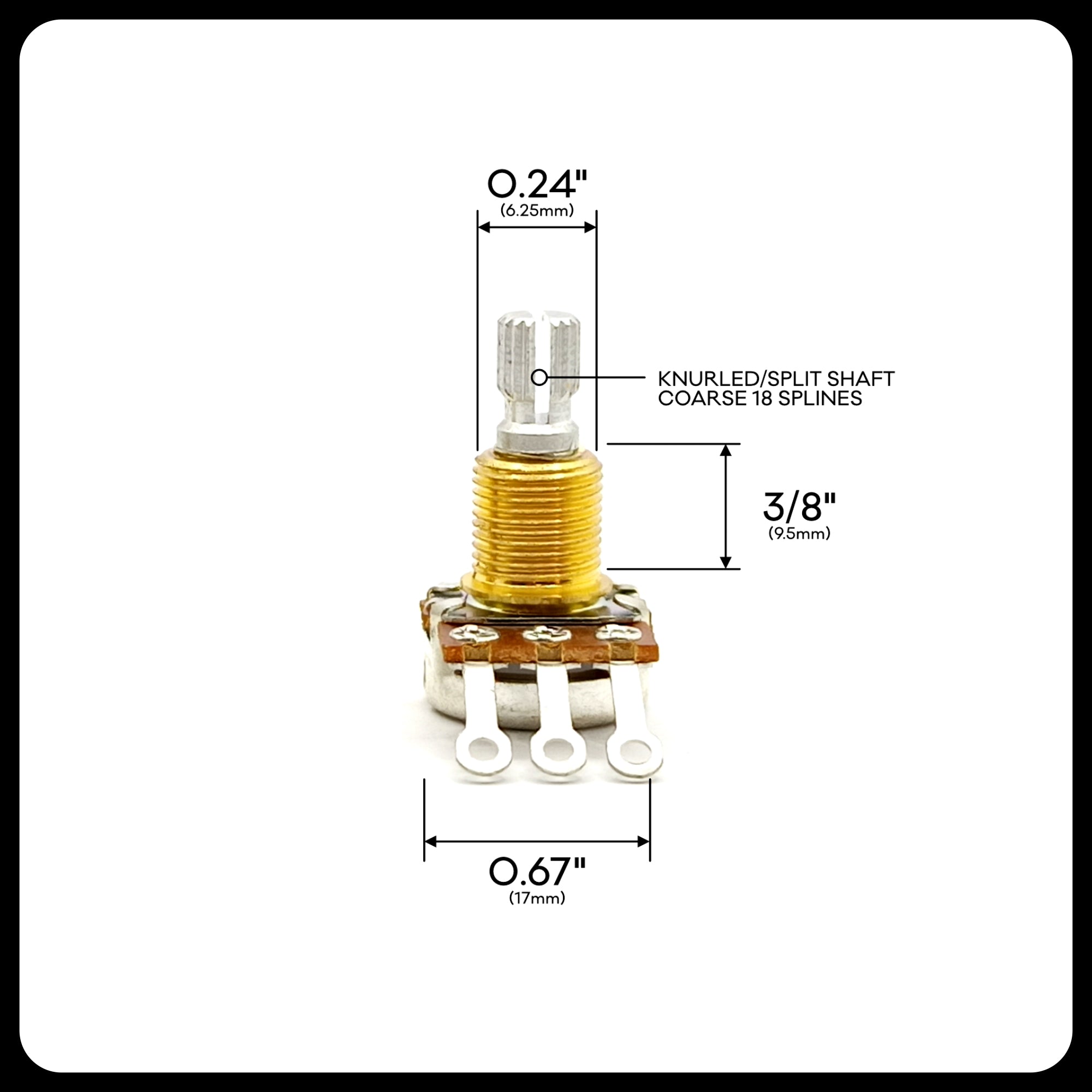 Bourns® US ⅜” Standard Length Reversed Audio C-Taper Potentiometer (Split Shaft)
